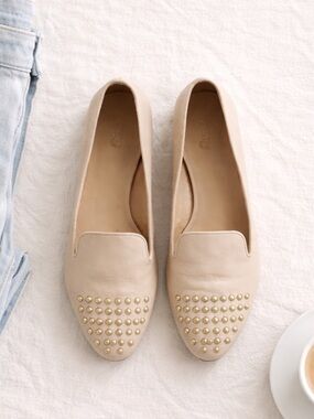 J. Crew Italian Nude Leather Gold Studded Smoking Loafers Flats 8 Beige